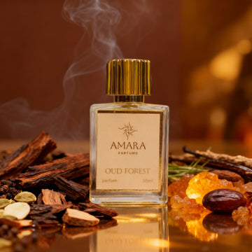 Amara Parfums Oud Forest perfume bottle with oud wood, amber, and other ingredients on a reflective surface.