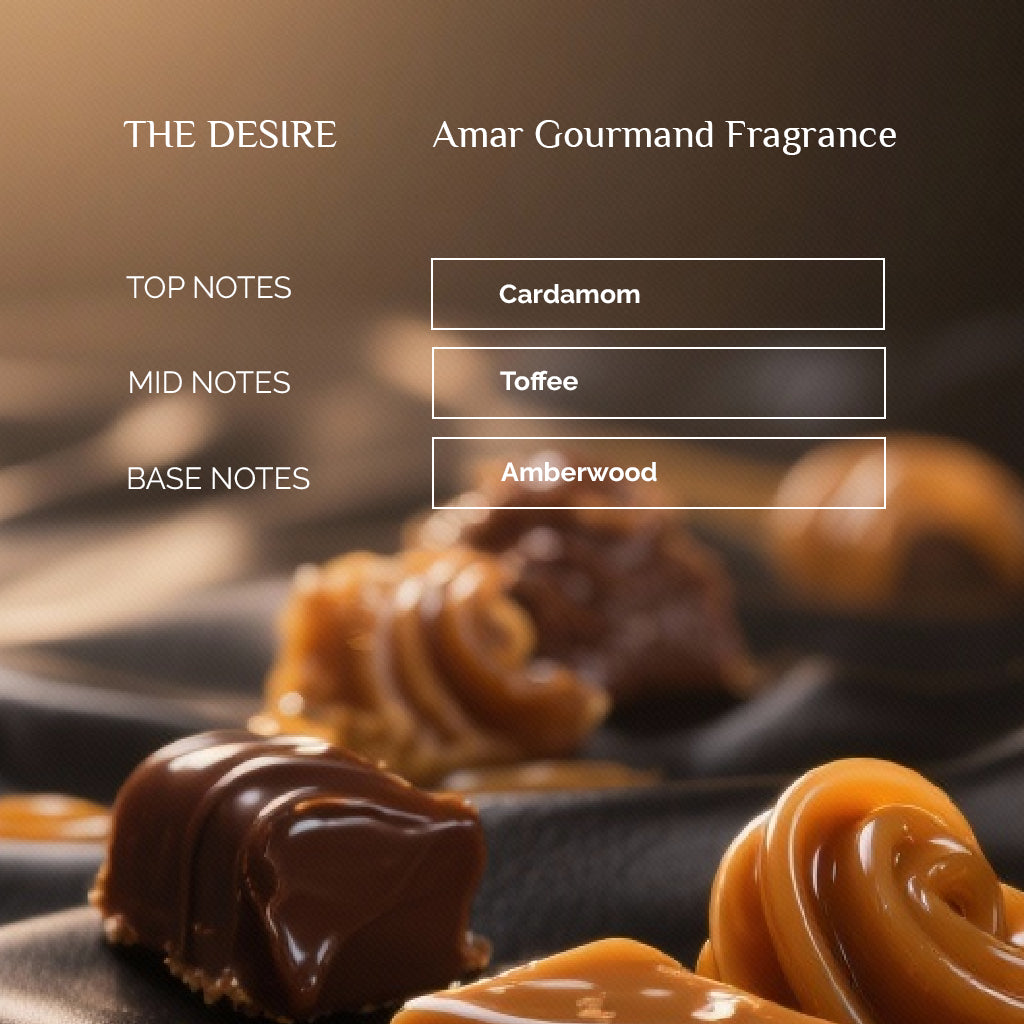 THE DESIRE perfume fragrance notes showing cardamom, toffee, and amberwood in a luxurious gourmand setting
