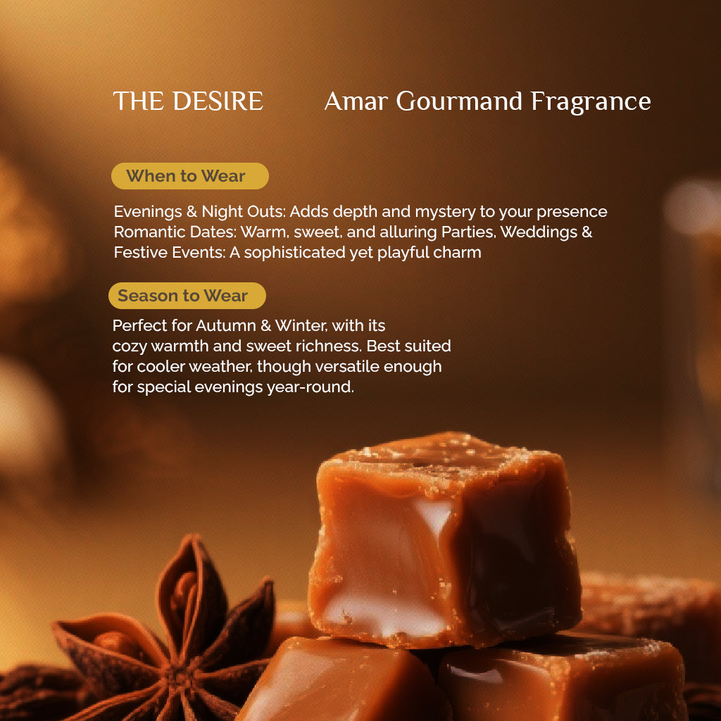 THE DESIRE Amar gourmand fragrance with caramel cubes and warm amber tones, representing a rich sweet and sensual perfume